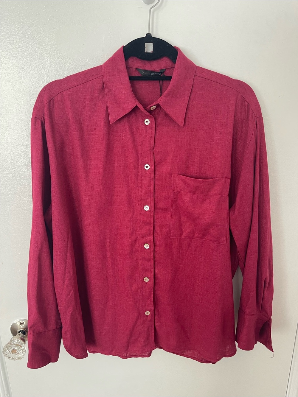 Zara Linen Button-Up Shirt in Deep Red - NWT